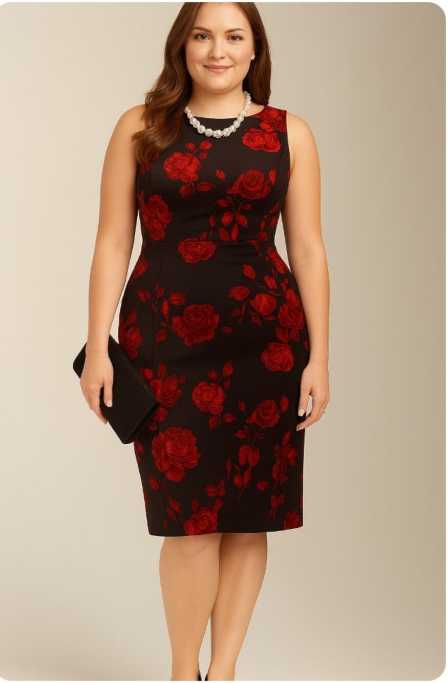 Talbots Black Red Rose Velveteen Sleeveless Sheath Dress Holiday 14P